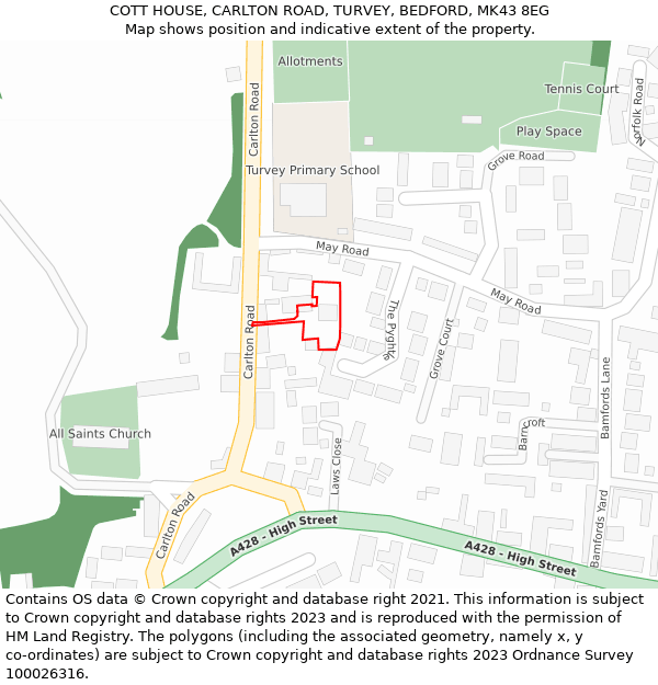 COTT HOUSE, CARLTON ROAD, TURVEY, BEDFORD, MK43 8EG: Location map and indicative extent of plot