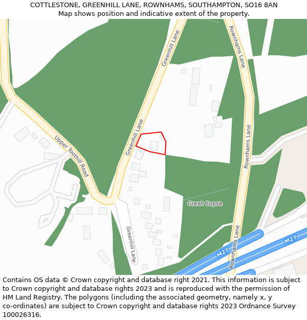 COTTLESTONE, GREENHILL LANE, ROWNHAMS, SOUTHAMPTON, SO16 8AN: Location map and indicative extent of plot