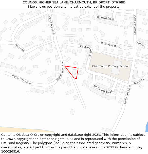 COUNOS, HIGHER SEA LANE, CHARMOUTH, BRIDPORT, DT6 6BD: Location map and indicative extent of plot