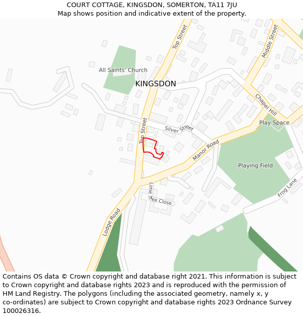 COURT COTTAGE, KINGSDON, SOMERTON, TA11 7JU: Location map and indicative extent of plot