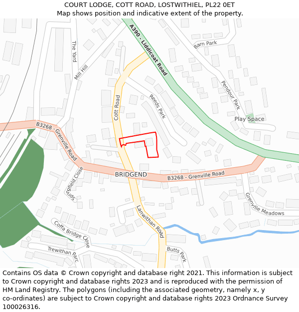 COURT LODGE, COTT ROAD, LOSTWITHIEL, PL22 0ET: Location map and indicative extent of plot