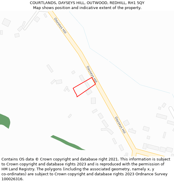 COURTLANDS, DAYSEYS HILL, OUTWOOD, REDHILL, RH1 5QY: Location map and indicative extent of plot