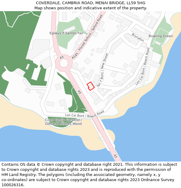 COVERDALE, CAMBRIA ROAD, MENAI BRIDGE, LL59 5HG: Location map and indicative extent of plot