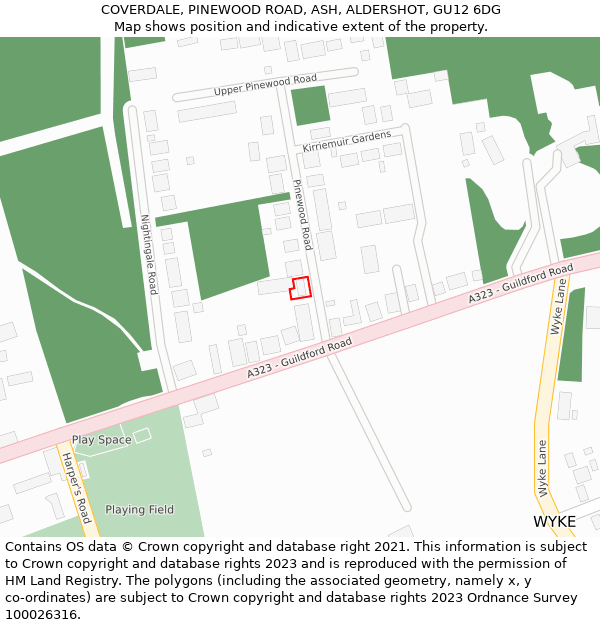 COVERDALE, PINEWOOD ROAD, ASH, ALDERSHOT, GU12 6DG: Location map and indicative extent of plot