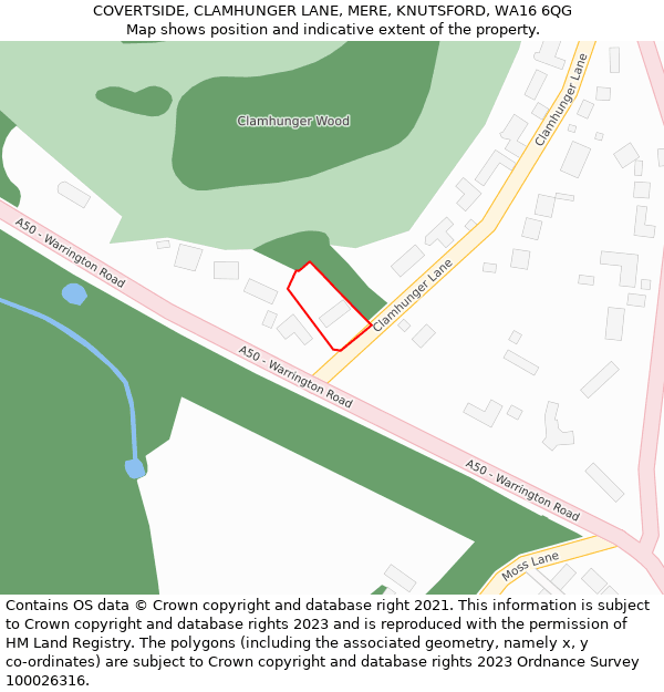 COVERTSIDE, CLAMHUNGER LANE, MERE, KNUTSFORD, WA16 6QG: Location map and indicative extent of plot