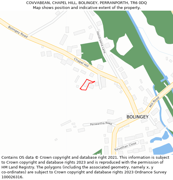 COVVABEAN, CHAPEL HILL, BOLINGEY, PERRANPORTH, TR6 0DQ: Location map and indicative extent of plot