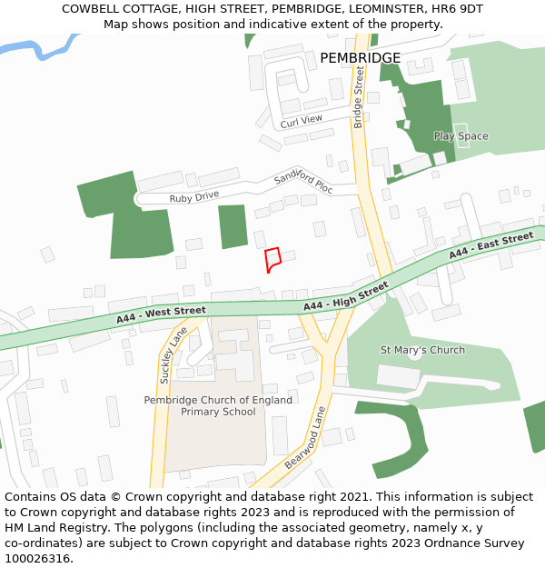 COWBELL COTTAGE, HIGH STREET, PEMBRIDGE, LEOMINSTER, HR6 9DT: Location map and indicative extent of plot
