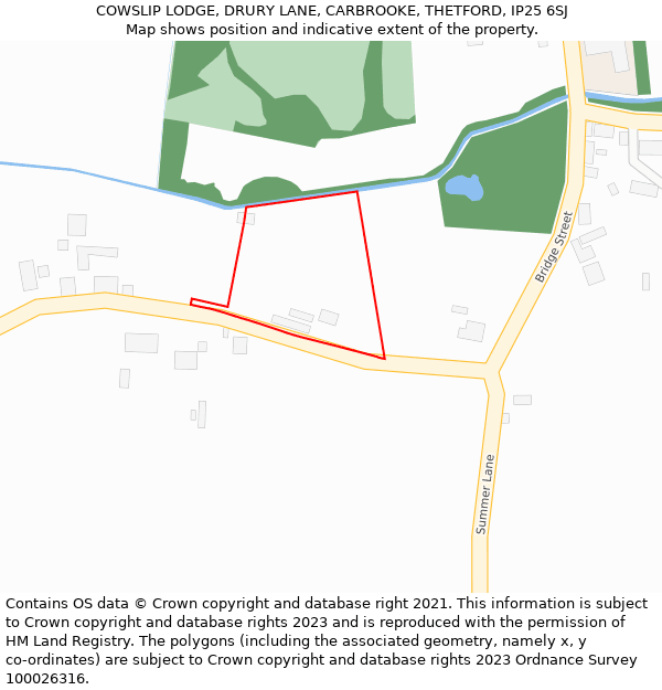 COWSLIP LODGE, DRURY LANE, CARBROOKE, THETFORD, IP25 6SJ: Location map and indicative extent of plot