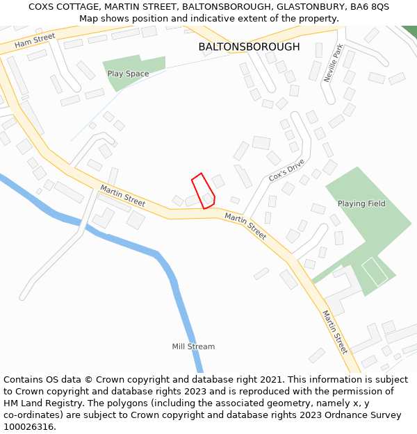 COXS COTTAGE, MARTIN STREET, BALTONSBOROUGH, GLASTONBURY, BA6 8QS: Location map and indicative extent of plot