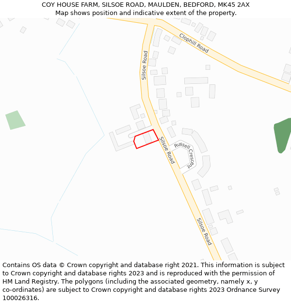 COY HOUSE FARM, SILSOE ROAD, MAULDEN, BEDFORD, MK45 2AX: Location map and indicative extent of plot