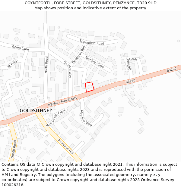 COYNTFORTH, FORE STREET, GOLDSITHNEY, PENZANCE, TR20 9HD: Location map and indicative extent of plot