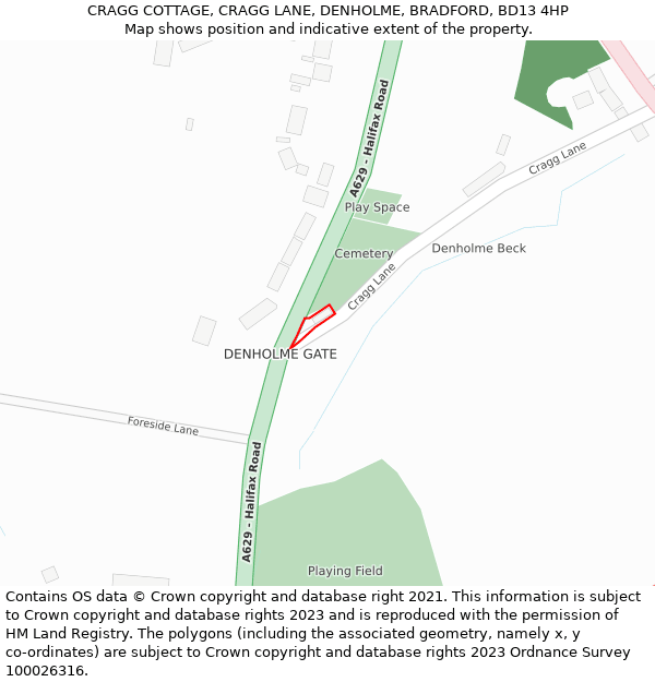 CRAGG COTTAGE, CRAGG LANE, DENHOLME, BRADFORD, BD13 4HP: Location map and indicative extent of plot