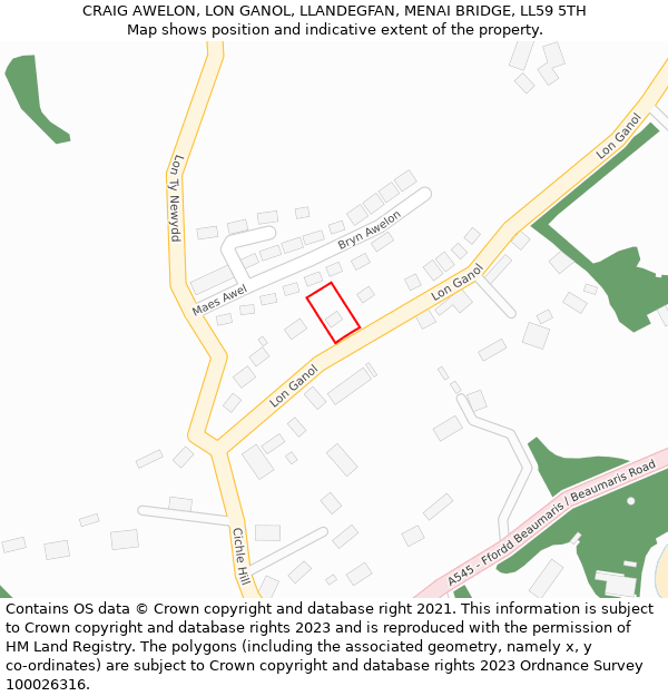 CRAIG AWELON, LON GANOL, LLANDEGFAN, MENAI BRIDGE, LL59 5TH: Location map and indicative extent of plot
