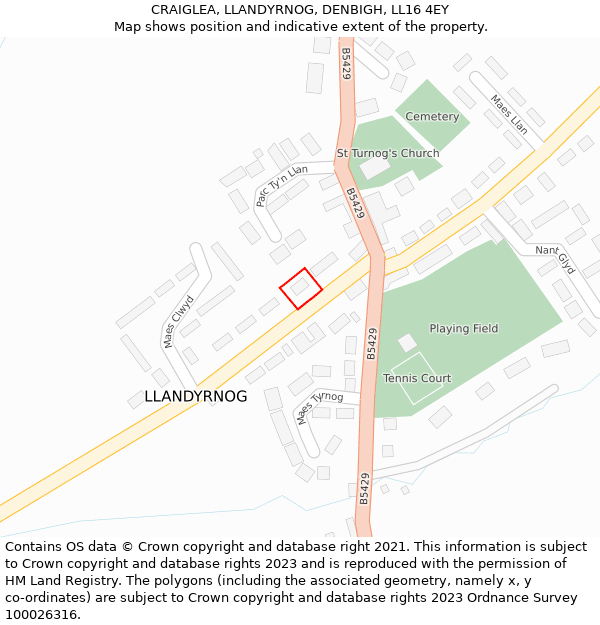 CRAIGLEA, LLANDYRNOG, DENBIGH, LL16 4EY: Location map and indicative extent of plot