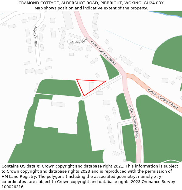 CRAMOND COTTAGE, ALDERSHOT ROAD, PIRBRIGHT, WOKING, GU24 0BY: Location map and indicative extent of plot
