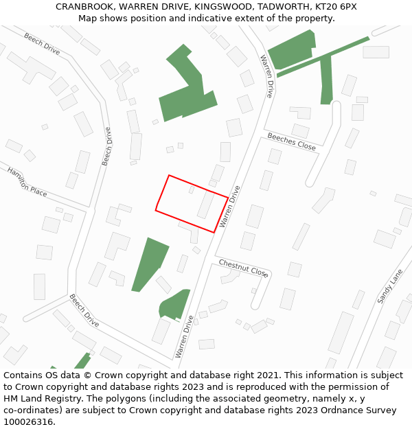 CRANBROOK, WARREN DRIVE, KINGSWOOD, TADWORTH, KT20 6PX: Location map and indicative extent of plot