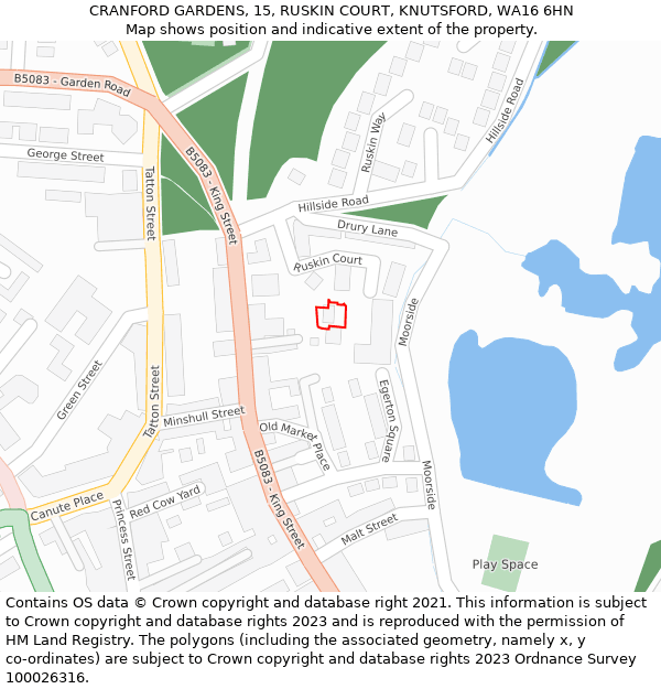 CRANFORD GARDENS, 15, RUSKIN COURT, KNUTSFORD, WA16 6HN: Location map and indicative extent of plot