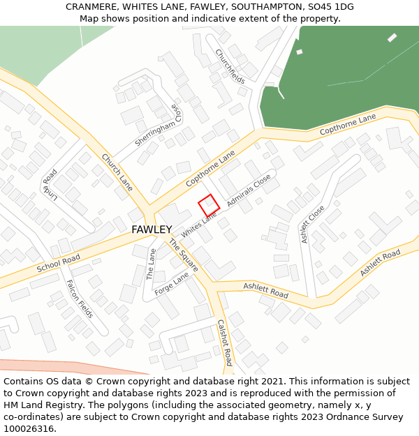 CRANMERE, WHITES LANE, FAWLEY, SOUTHAMPTON, SO45 1DG: Location map and indicative extent of plot