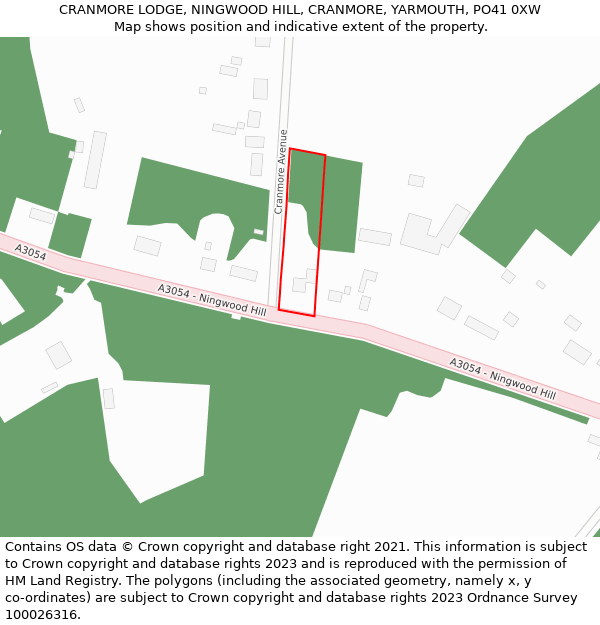 CRANMORE LODGE, NINGWOOD HILL, CRANMORE, YARMOUTH, PO41 0XW: Location map and indicative extent of plot