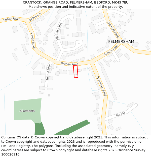 CRANTOCK, GRANGE ROAD, FELMERSHAM, BEDFORD, MK43 7EU: Location map and indicative extent of plot