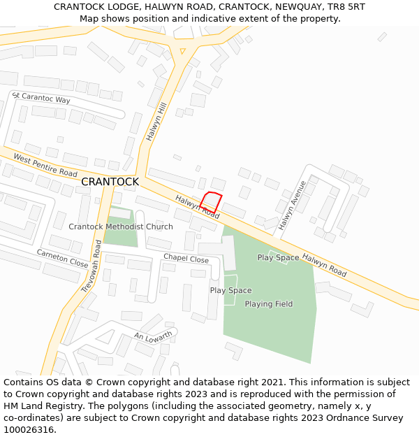 CRANTOCK LODGE, HALWYN ROAD, CRANTOCK, NEWQUAY, TR8 5RT: Location map and indicative extent of plot