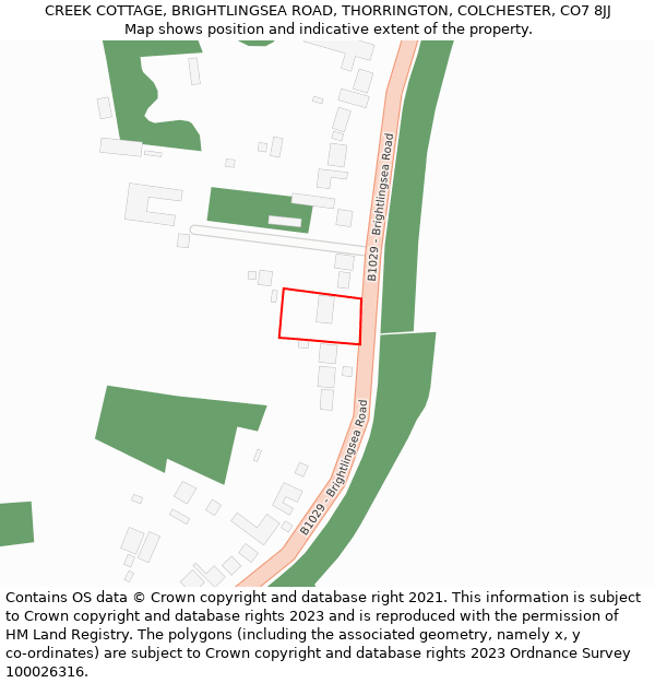 CREEK COTTAGE, BRIGHTLINGSEA ROAD, THORRINGTON, COLCHESTER, CO7 8JJ: Location map and indicative extent of plot