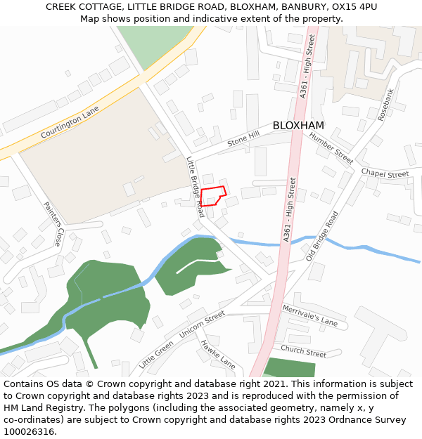 CREEK COTTAGE, LITTLE BRIDGE ROAD, BLOXHAM, BANBURY, OX15 4PU: Location map and indicative extent of plot