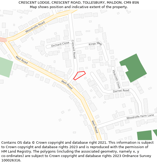 CRESCENT LODGE, CRESCENT ROAD, TOLLESBURY, MALDON, CM9 8SN: Location map and indicative extent of plot