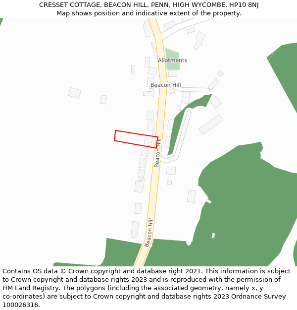 CRESSET COTTAGE, BEACON HILL, PENN, HIGH WYCOMBE, HP10 8NJ: Location map and indicative extent of plot