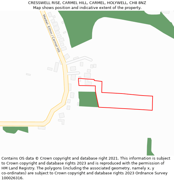 CRESSWELL RISE, CARMEL HILL, CARMEL, HOLYWELL, CH8 8NZ: Location map and indicative extent of plot