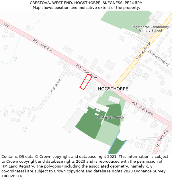 CRESTOVA, WEST END, HOGSTHORPE, SKEGNESS, PE24 5PA: Location map and indicative extent of plot