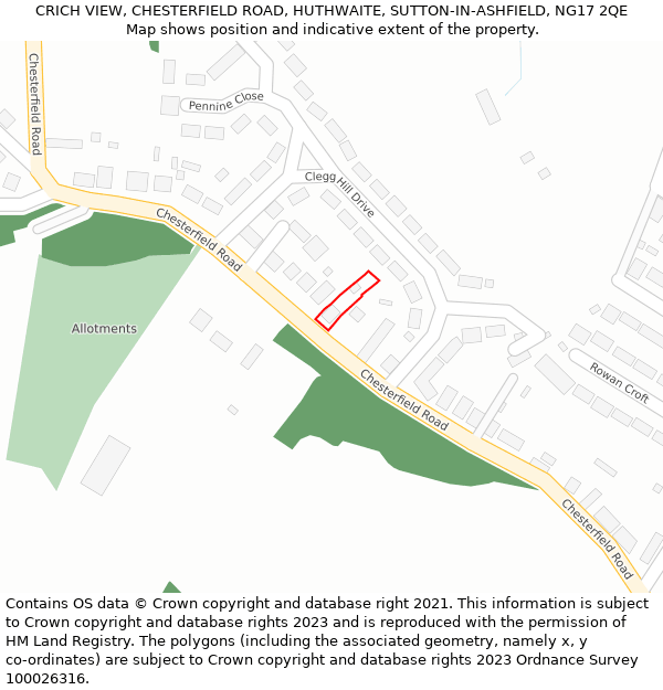 CRICH VIEW, CHESTERFIELD ROAD, HUTHWAITE, SUTTON-IN-ASHFIELD, NG17 2QE: Location map and indicative extent of plot