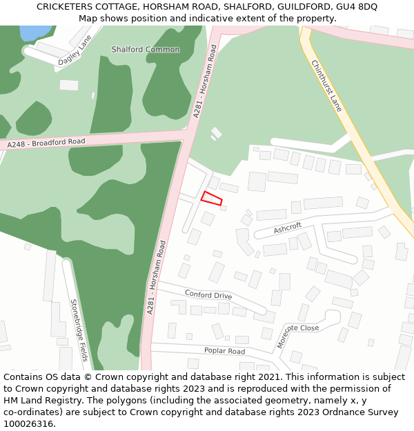 CRICKETERS COTTAGE, HORSHAM ROAD, SHALFORD, GUILDFORD, GU4 8DQ: Location map and indicative extent of plot