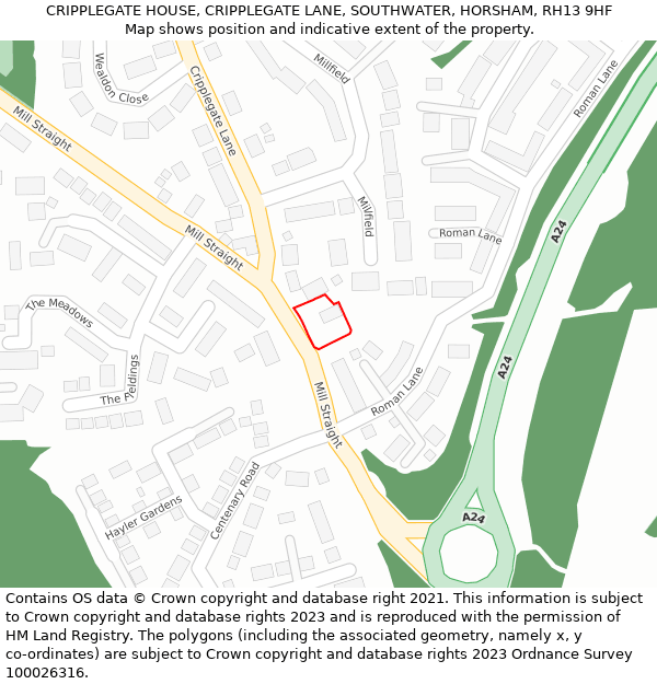 CRIPPLEGATE HOUSE, CRIPPLEGATE LANE, SOUTHWATER, HORSHAM, RH13 9HF: Location map and indicative extent of plot