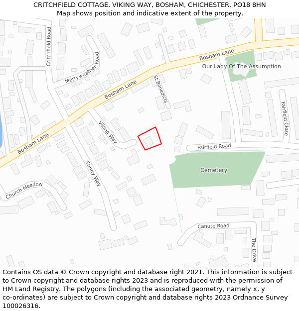 CRITCHFIELD COTTAGE, VIKING WAY, BOSHAM, CHICHESTER, PO18 8HN: Location map and indicative extent of plot