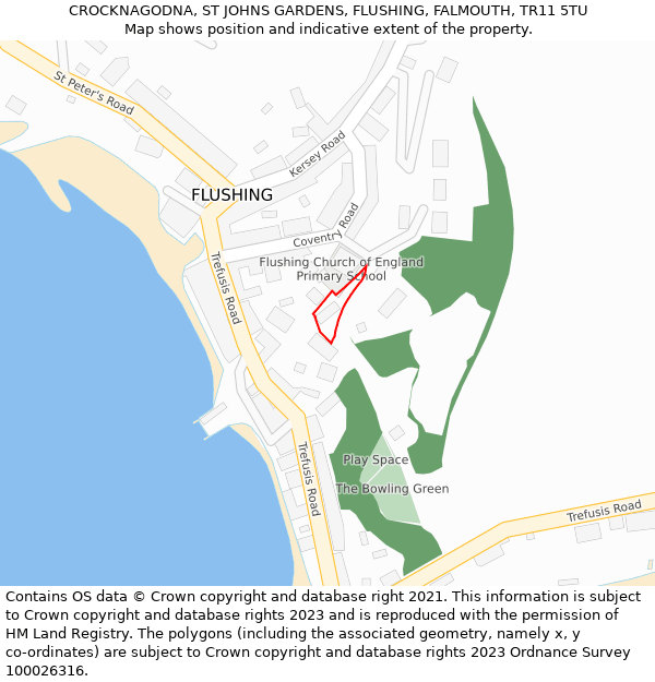 CROCKNAGODNA, ST JOHNS GARDENS, FLUSHING, FALMOUTH, TR11 5TU: Location map and indicative extent of plot