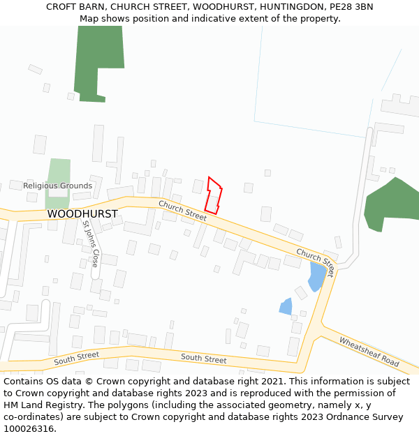 CROFT BARN, CHURCH STREET, WOODHURST, HUNTINGDON, PE28 3BN: Location map and indicative extent of plot