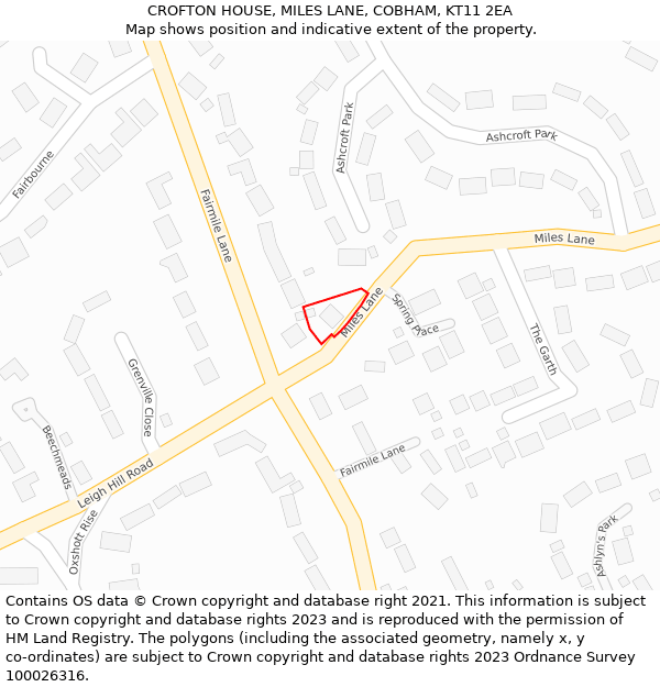 CROFTON HOUSE, MILES LANE, COBHAM, KT11 2EA: Location map and indicative extent of plot