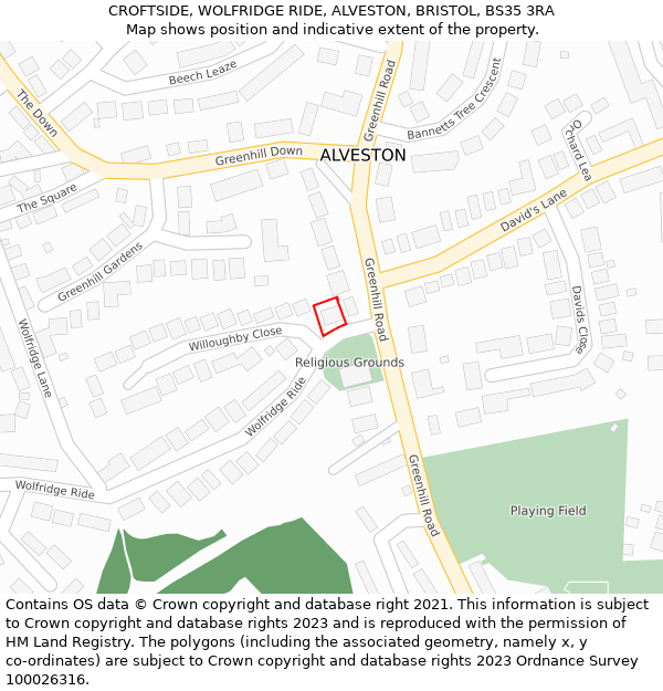 CROFTSIDE, WOLFRIDGE RIDE, ALVESTON, BRISTOL, BS35 3RA: Location map and indicative extent of plot