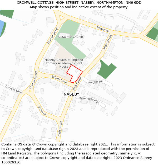 CROMWELL COTTAGE, HIGH STREET, NASEBY, NORTHAMPTON, NN6 6DD: Location map and indicative extent of plot