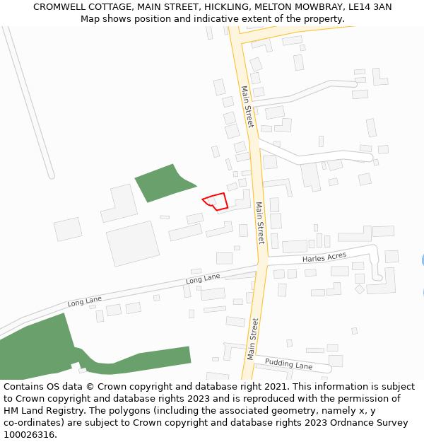 CROMWELL COTTAGE, MAIN STREET, HICKLING, MELTON MOWBRAY, LE14 3AN: Location map and indicative extent of plot
