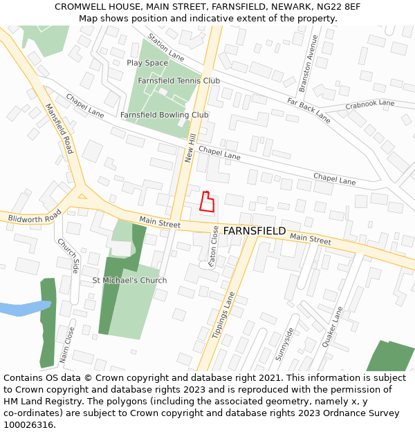 CROMWELL HOUSE, MAIN STREET, FARNSFIELD, NEWARK, NG22 8EF: Location map and indicative extent of plot