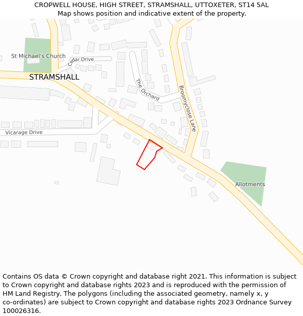 CROPWELL HOUSE, HIGH STREET, STRAMSHALL, UTTOXETER, ST14 5AL: Location map and indicative extent of plot