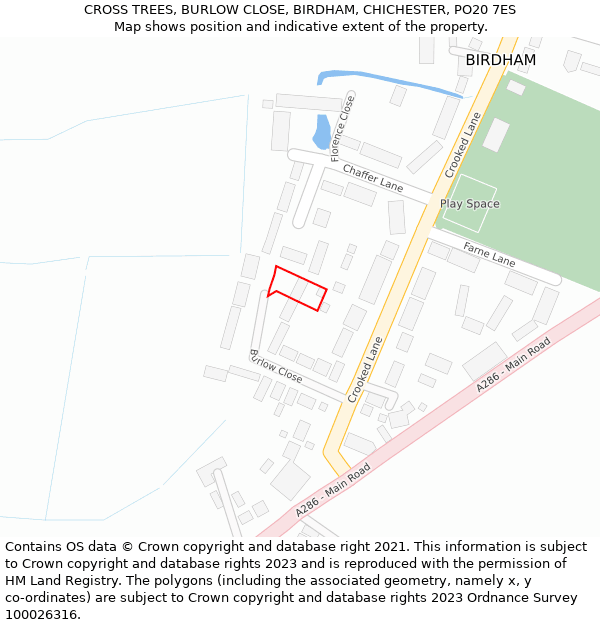 CROSS TREES, BURLOW CLOSE, BIRDHAM, CHICHESTER, PO20 7ES: Location map and indicative extent of plot