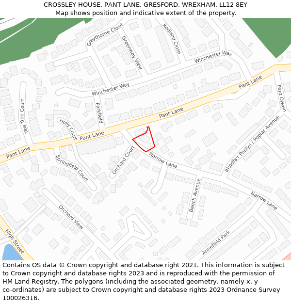 CROSSLEY HOUSE, PANT LANE, GRESFORD, WREXHAM, LL12 8EY: Location map and indicative extent of plot
