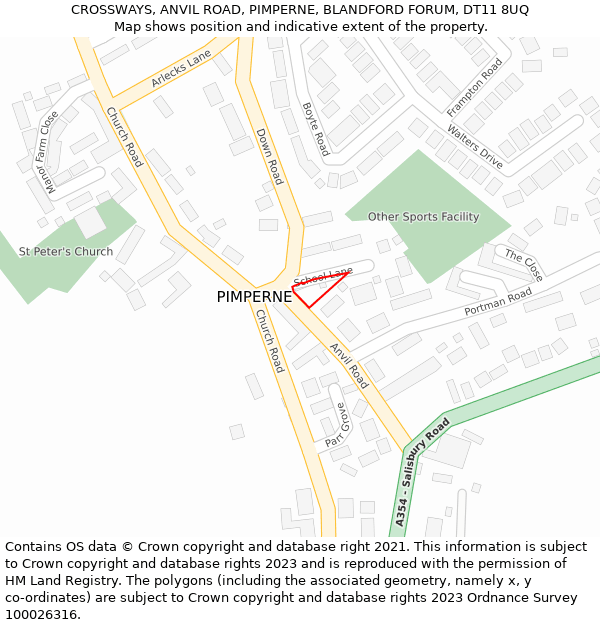 CROSSWAYS, ANVIL ROAD, PIMPERNE, BLANDFORD FORUM, DT11 8UQ: Location map and indicative extent of plot