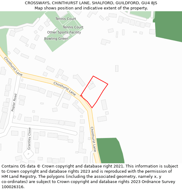 CROSSWAYS, CHINTHURST LANE, SHALFORD, GUILDFORD, GU4 8JS: Location map and indicative extent of plot
