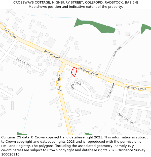 CROSSWAYS COTTAGE, HIGHBURY STREET, COLEFORD, RADSTOCK, BA3 5NJ: Location map and indicative extent of plot