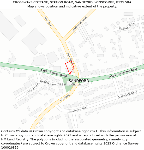 CROSSWAYS COTTAGE, STATION ROAD, SANDFORD, WINSCOMBE, BS25 5RA: Location map and indicative extent of plot