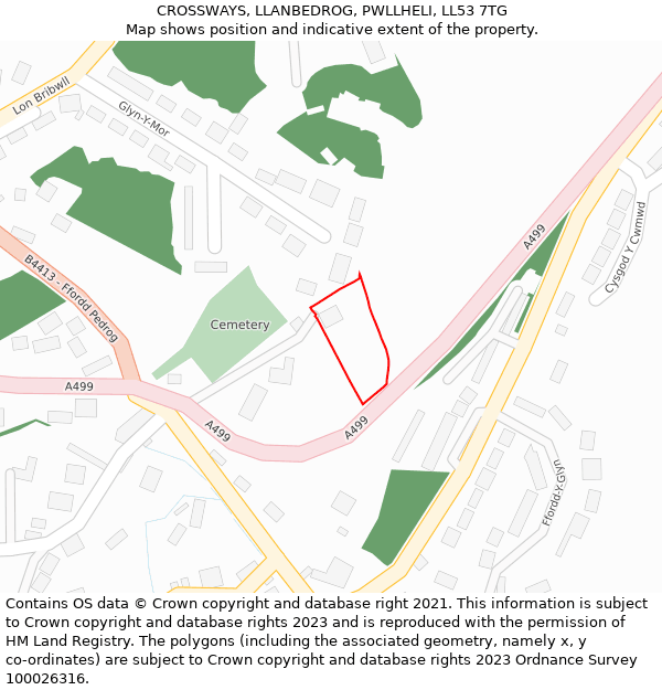 CROSSWAYS, LLANBEDROG, PWLLHELI, LL53 7TG: Location map and indicative extent of plot